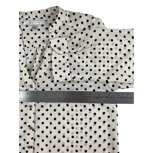 LC Lauren Conrad Button-Front Beige & Black Polka Dot Blouse Rolled Cuffs Medium - Picture 7 of 11